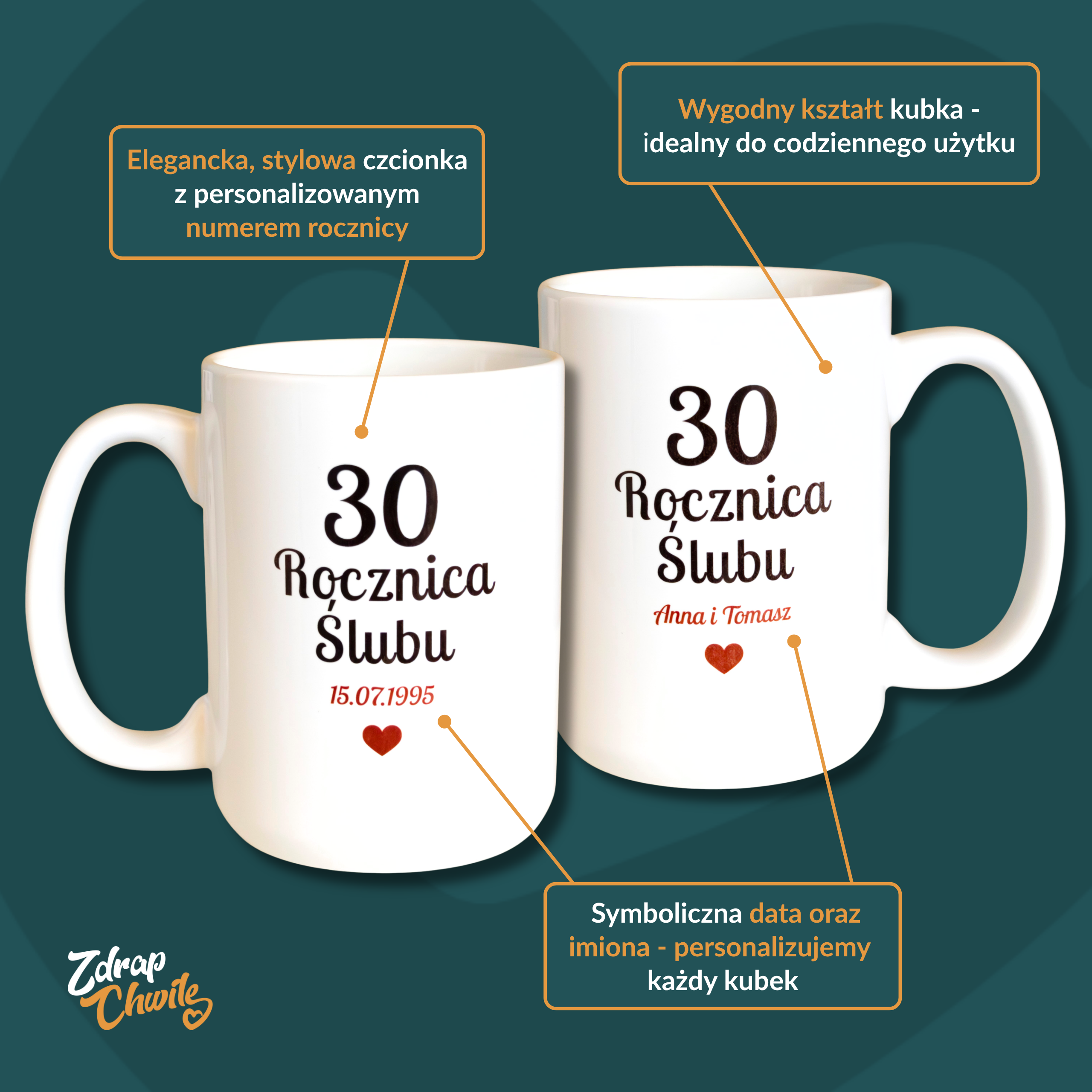 Zestaw personalizowanych kubków na rocznicę ślubu 440 ml – imiona+data
