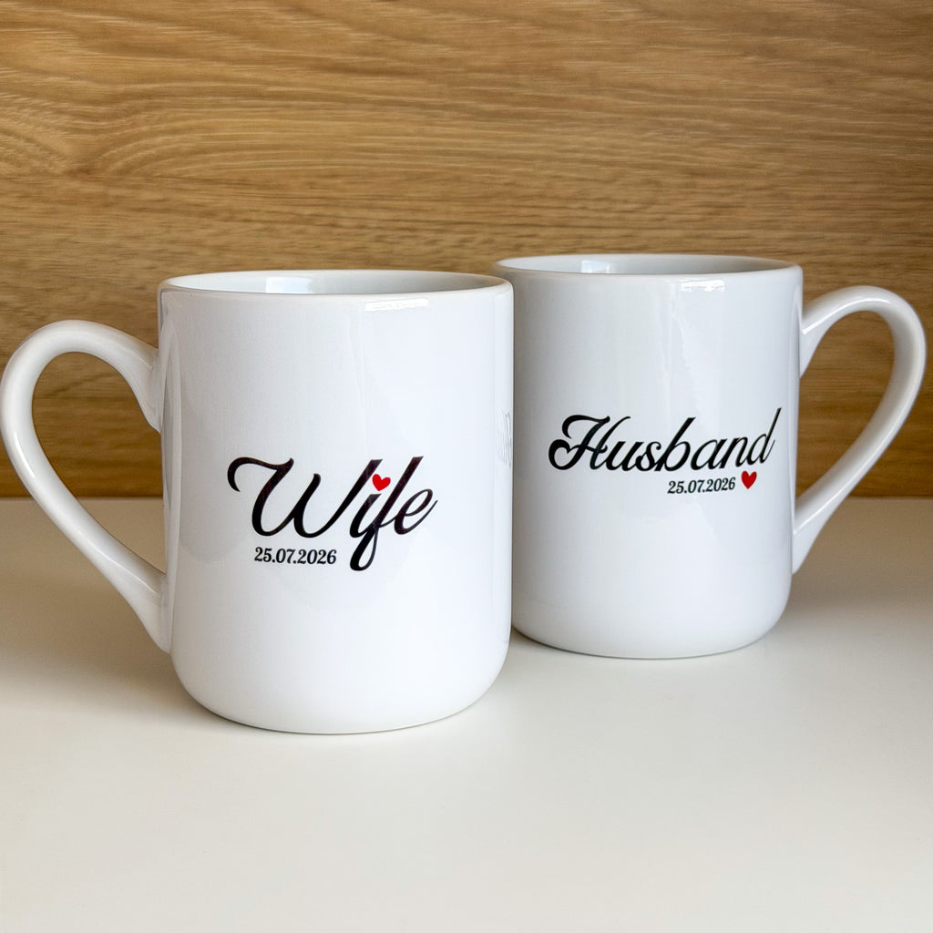 Zestaw kubków dla pary "Husband & Wife" z datą ślubu 330 ml - wersja ANG