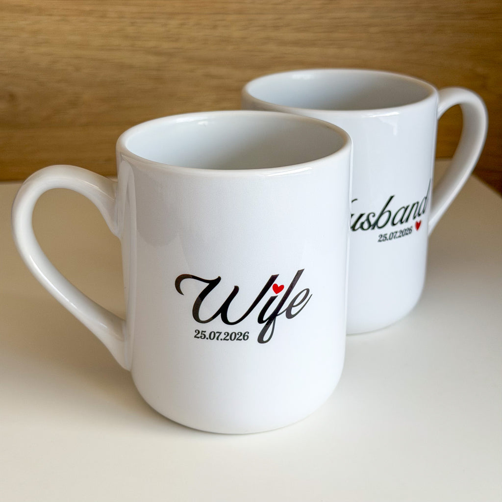 Zestaw kubków dla pary "Husband & Wife" z datą ślubu 330 ml - wersja ANG
