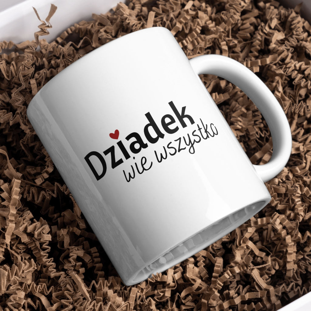 Kubek biały z napisem - "Dziadek wie wszystko" - 330 ml