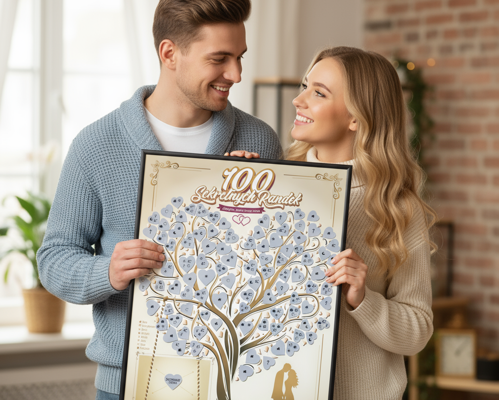 Para trzymająca plakat 100 Sekretnych Randek